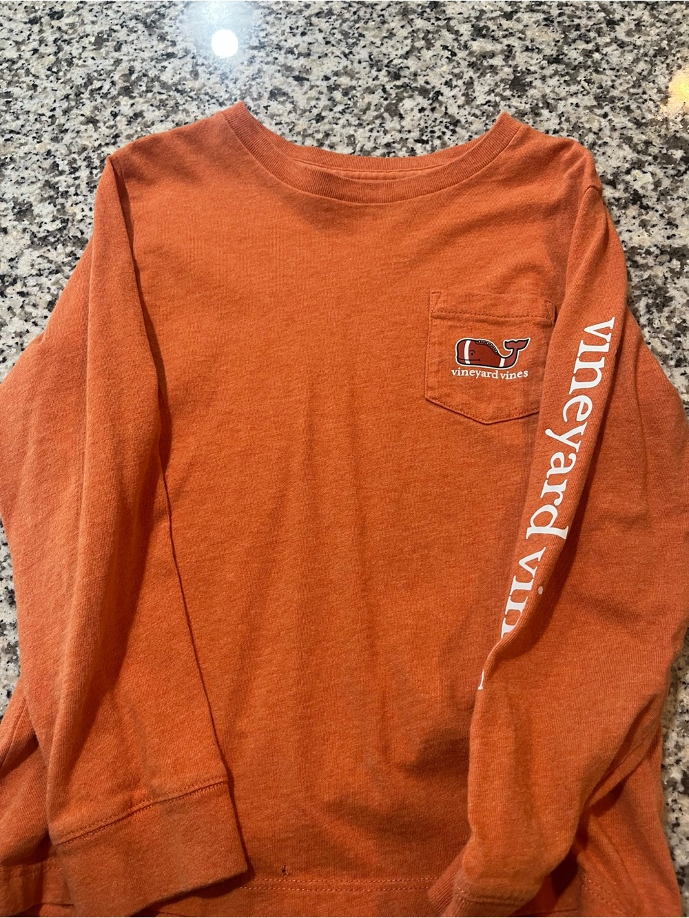 Boys Vineyard Vines Orange Crewneck Tee with Football Whale Logo
